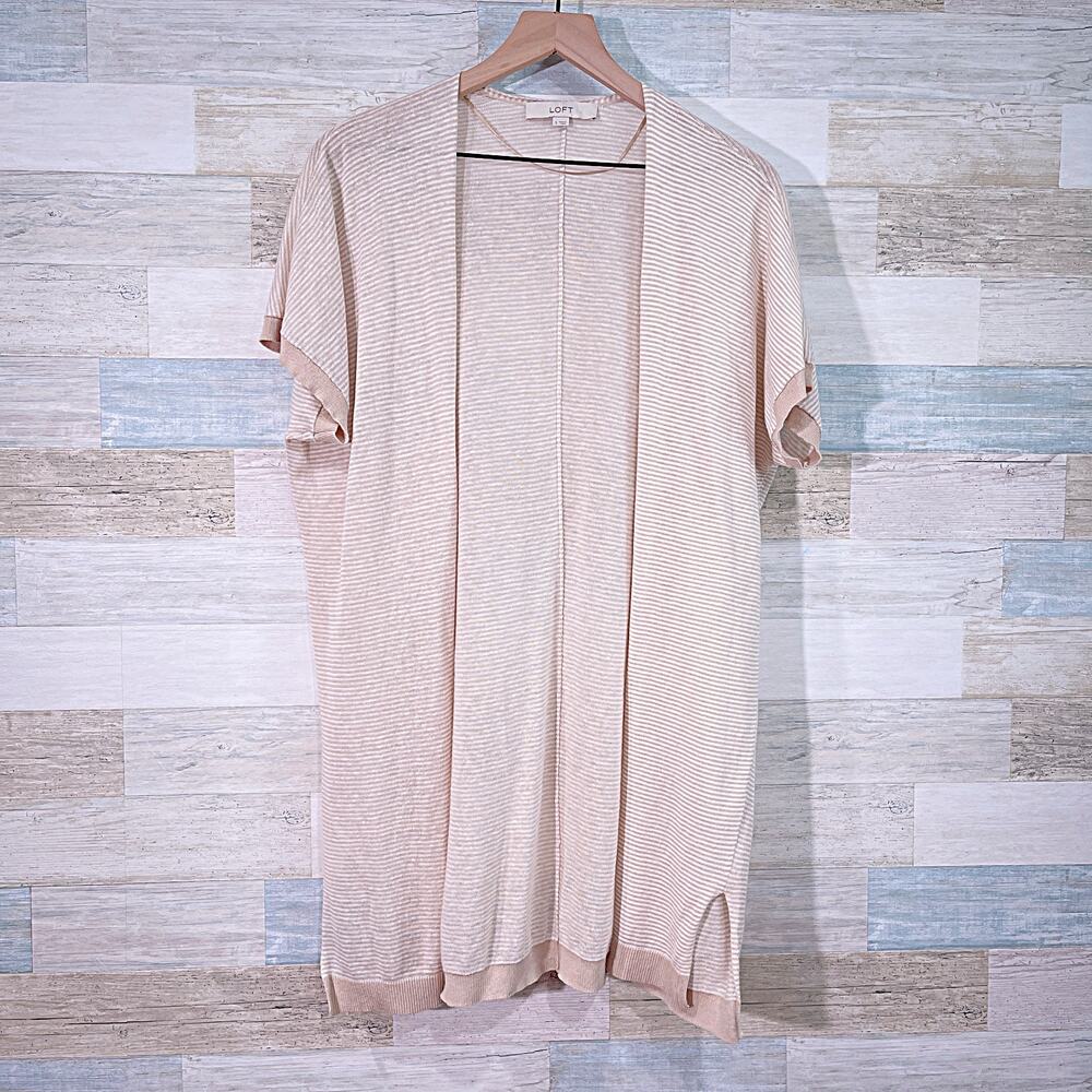 LOFT Linen Striped Short Sleeve Longline Cardigan Beige White Womens Small